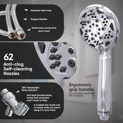 FREZZEL Handheld Shower Head with 6 Spray Functions 72 Inch Extra Long Stainless Steel Hose