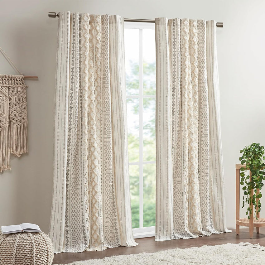 Cotton Printed Curtain Panel with Chenille Stripe and Lining(Only 1 Pc Panel)