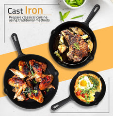 3Pcs Pre-Seasoned Cast Iron Skillet Set 6/8/10in Non-Stick Oven Safe Cookware Heat-Resistant Frying Pan