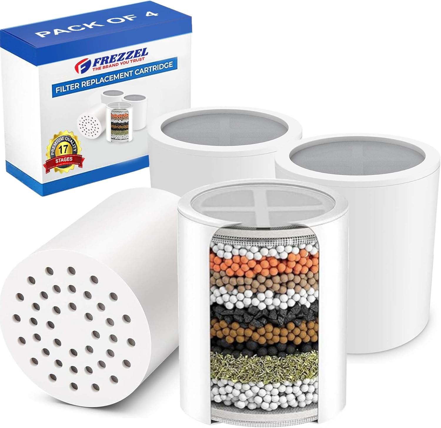 FREZZEL Pack of 4 Ultimate Shower Filter Replacement Cartridges, Universal 17 Stage Shower Head Filter Refill pack of 4 shower filter replacement cartridges, universal 17 stage shower head filter refill