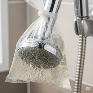shower head soaked in vinegar to remove scale