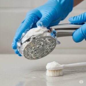 shower head with baking soda paste to remove scale