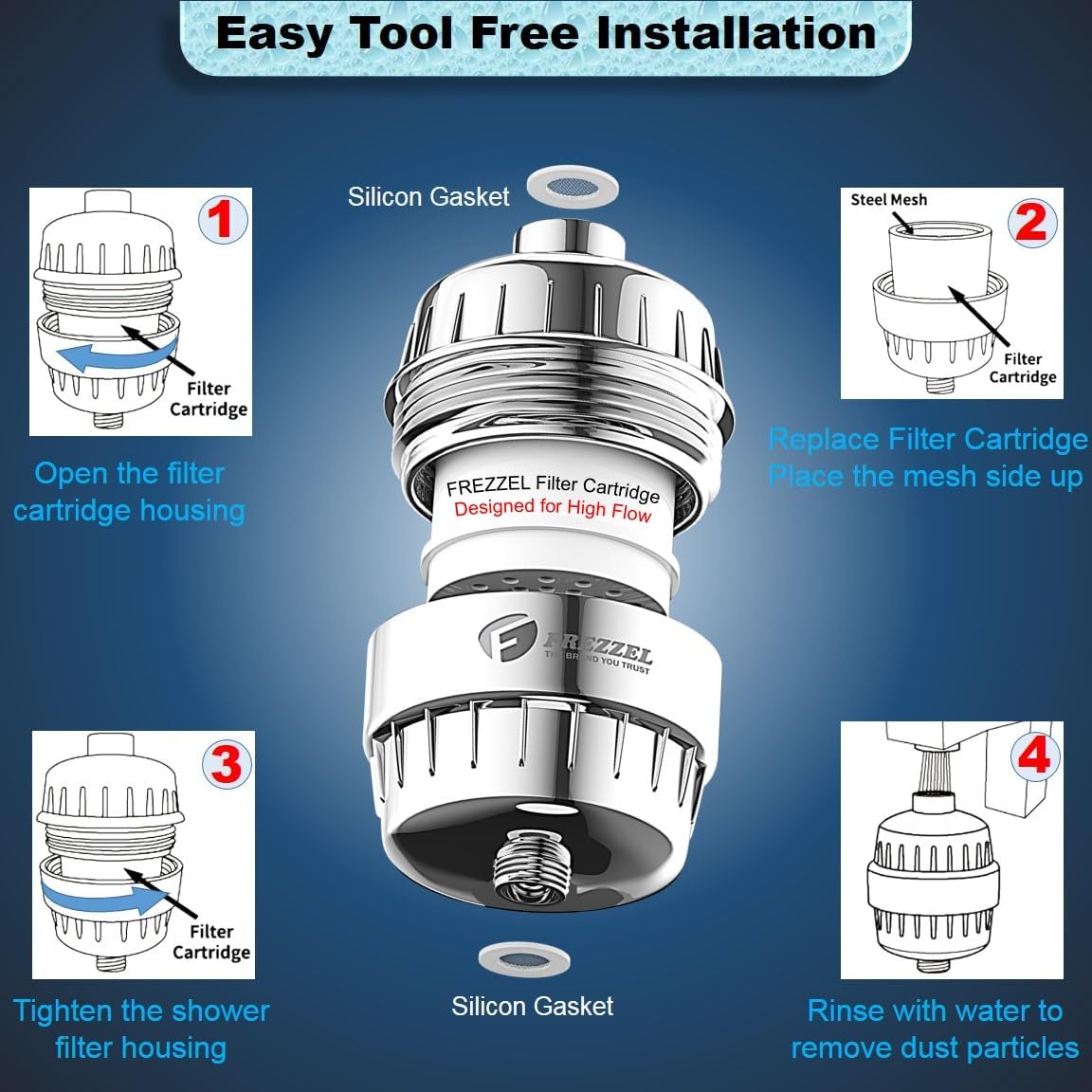 frezzel shower filter for hard water – 17 stage universal shower head filter with vitamin c – fits handheld, rain & fixed showerheads step by step shower head cleaning guide vinegar baking soda